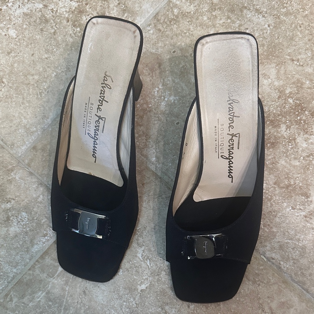 Salvatore Ferragamo Chic Black Mules with Silver Accent. Made in Italy